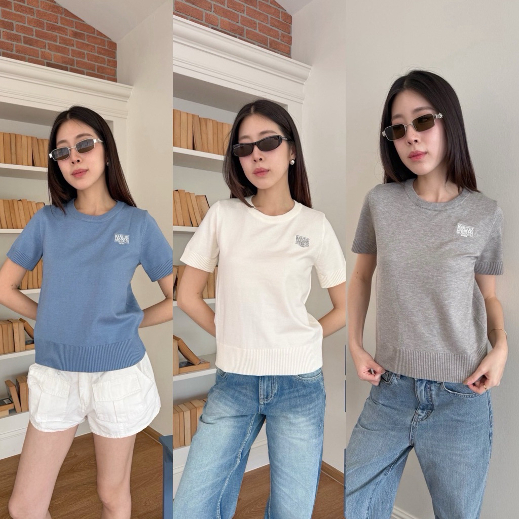 Valen knit top  เสื้อไหมพรมคอกลมแขนสั้น ผ้าดีมากกก มีดีเทลปักทอ logo ที่อก