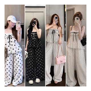 เซท2ชิ้น ผ้าลายริ้ว แบบลูกคุณ กางเกงทรงสวยมาก มาพร้อมเสื้อสายเดี่ยวแต่งระบายงาน freesize อก30-38เอว 26”-30สพ42ยาว41“
