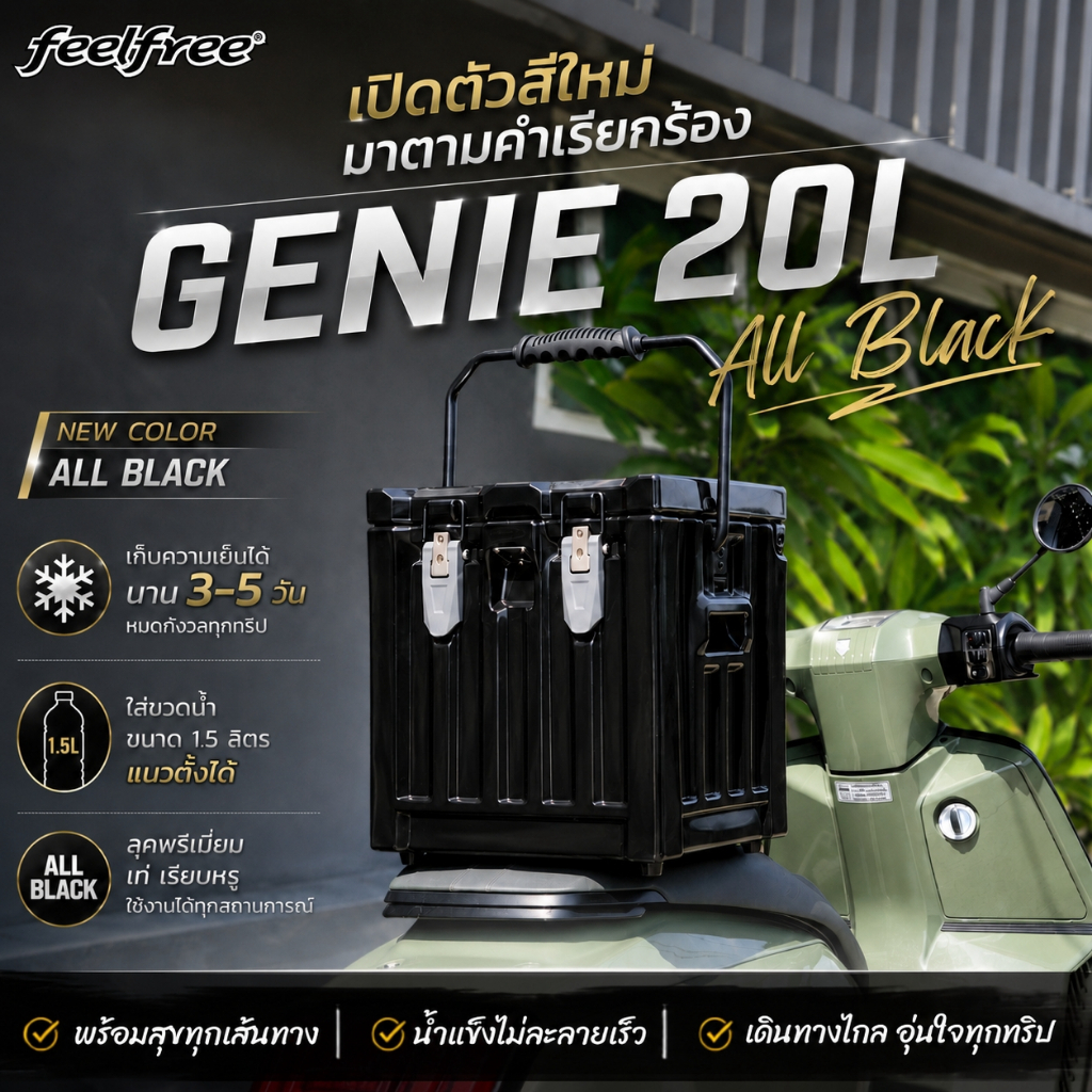 [NEW ARRIVAL ]FEELFREE COOLER GENIE ถังน้ำแข็งเก็บความเย็น ขนาด 20 ลิตร ALL BLACK **แบรนด์ไทย ผลิตในไทย** สีใหม่ ALL BL