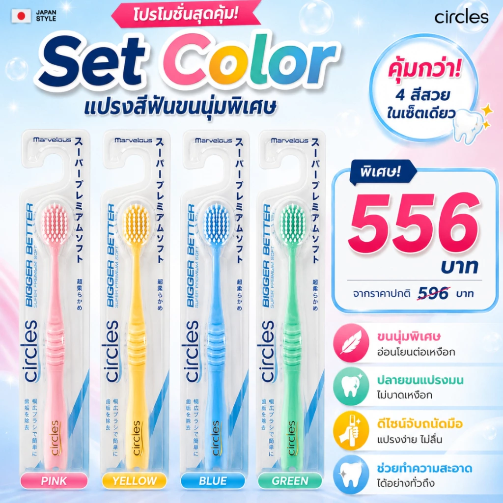(4 สี ครบเซ็ท คุ้มกว่า) นุ่มไม่บาดเหงือก แปรงสีฟันขนนุ่ม อ่อนโยนเข้าุถึงซอกฟัน แปรงสีฟันสไตร์ญี่ปุ่น Circles Tootbush