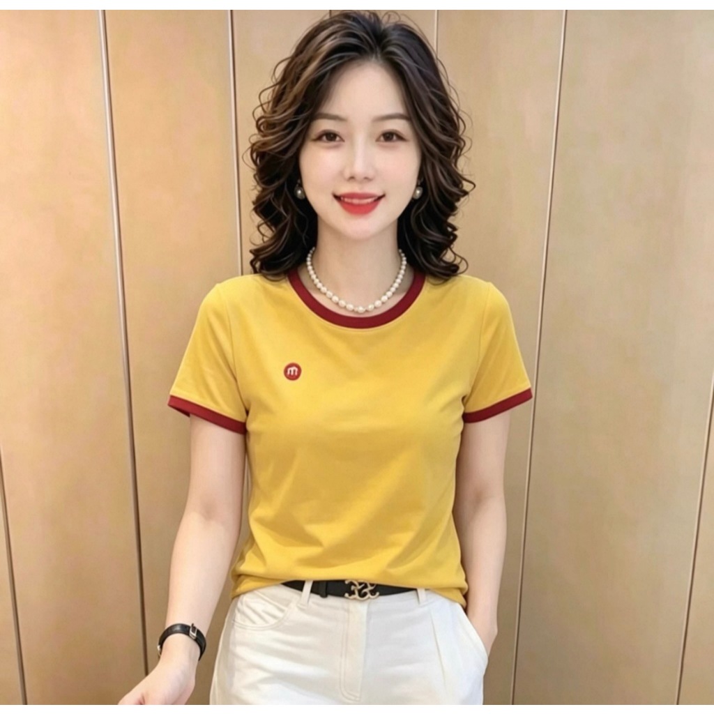 เสื้อยืดแขนสั้นสำหรับคุณแม่ ดีไซน์หรูหรา ทันสมัย ​​และมีเอกลักษณ์ สไตล์ใหม่สำหรับฤดูร้อน คอกลมแบบสีตัดกัน เรียบง่ายแต่สว