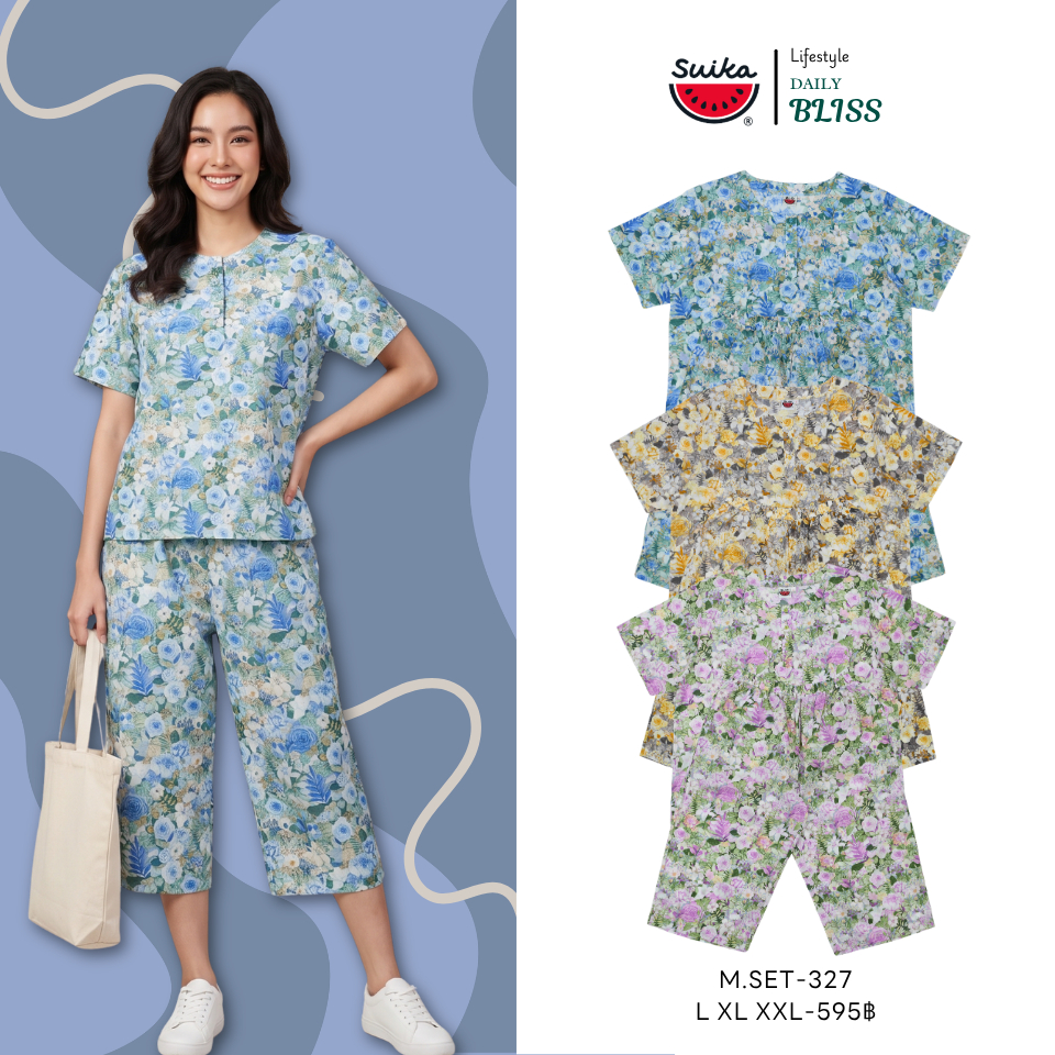 เสื้อแตงโม (SUIKA) - เซ็ทชุดนอนผ้าป่านมัสลินเสื้อคู่กางเกง ลายดอกไม้ ( M.SET-327 387 )