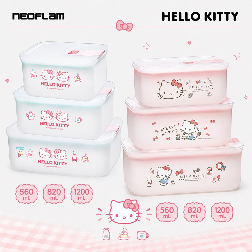 พร้อมส่งด่วน Neoflam x Hello Kitty กล่องถนอมอาหาร ล็อกสูญญากาศ กล่องใส่อาหาร เข้าไมโครเวฟได้ ชุด 3 ขนาด 560/820/1200