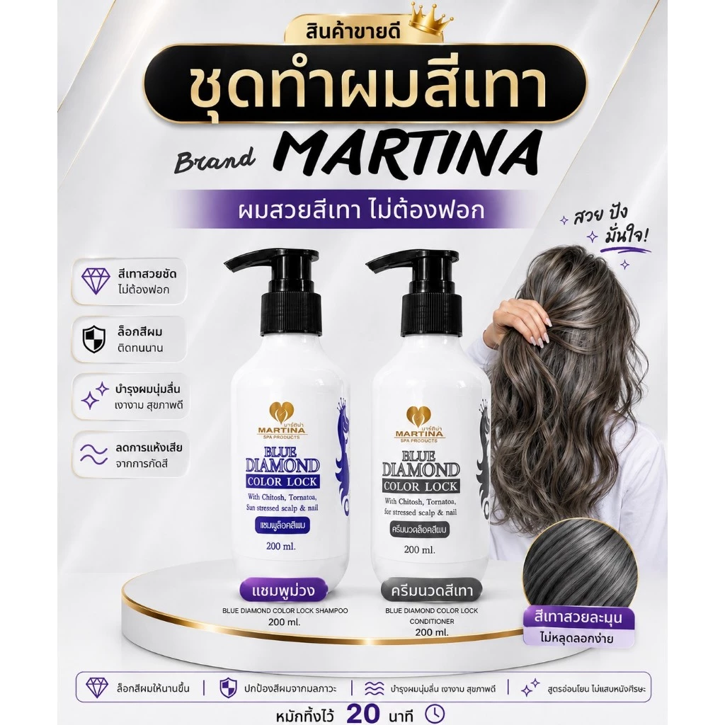 Martina ชุดทำสีเทา แชมพูม่วง + ครีมนวดเทา ขนาดกลาง ชุดละ400ml. (ขวดละ 200ml. / 2 ขวด)