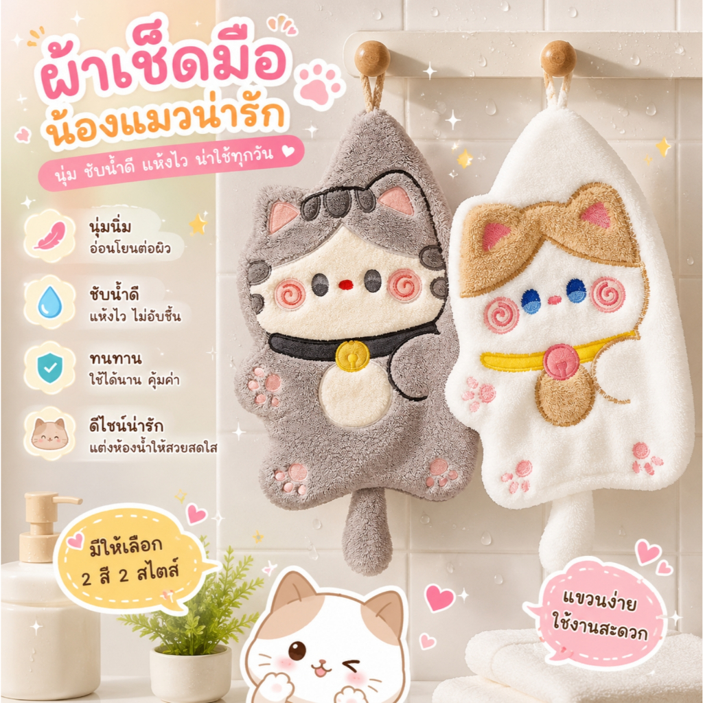 ผ้าเช็ดมือ หนานุ่ม อเนกประสงค์ทำความสะอาด ผ้าเช็ดมือแบบแขวน ผ้านุ่ม​ ซับน้ำได้ดี​ แขวนในห้องน้ำ​ หรือห้องครัว
