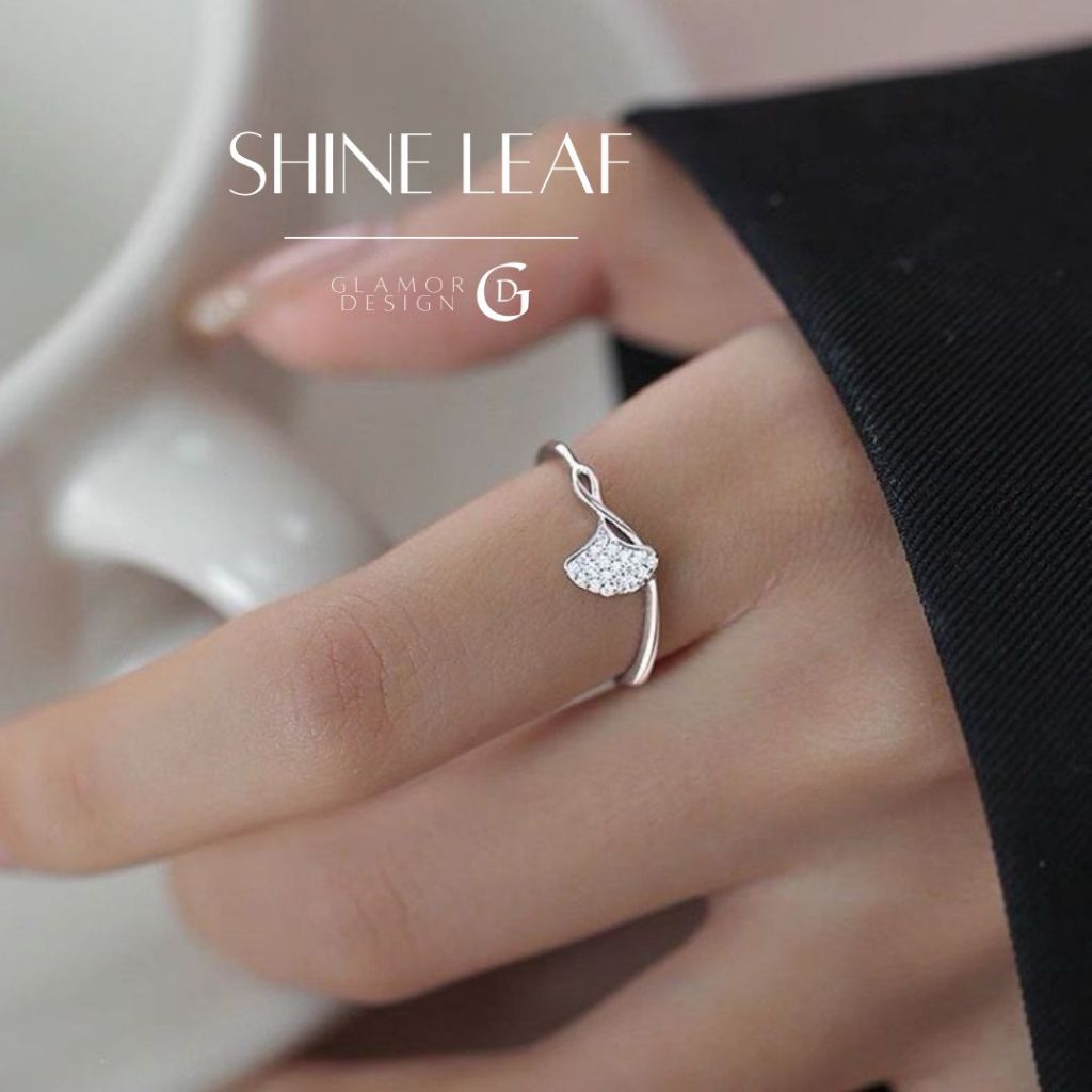 GLAMOR✨แหวนเงินแท้ Shine Leaf แหวนใบแปะก๊วยประดับเพชรเต็มวง แหวนปรับขนาด ไม่ก่อการระคายเคืองผิว