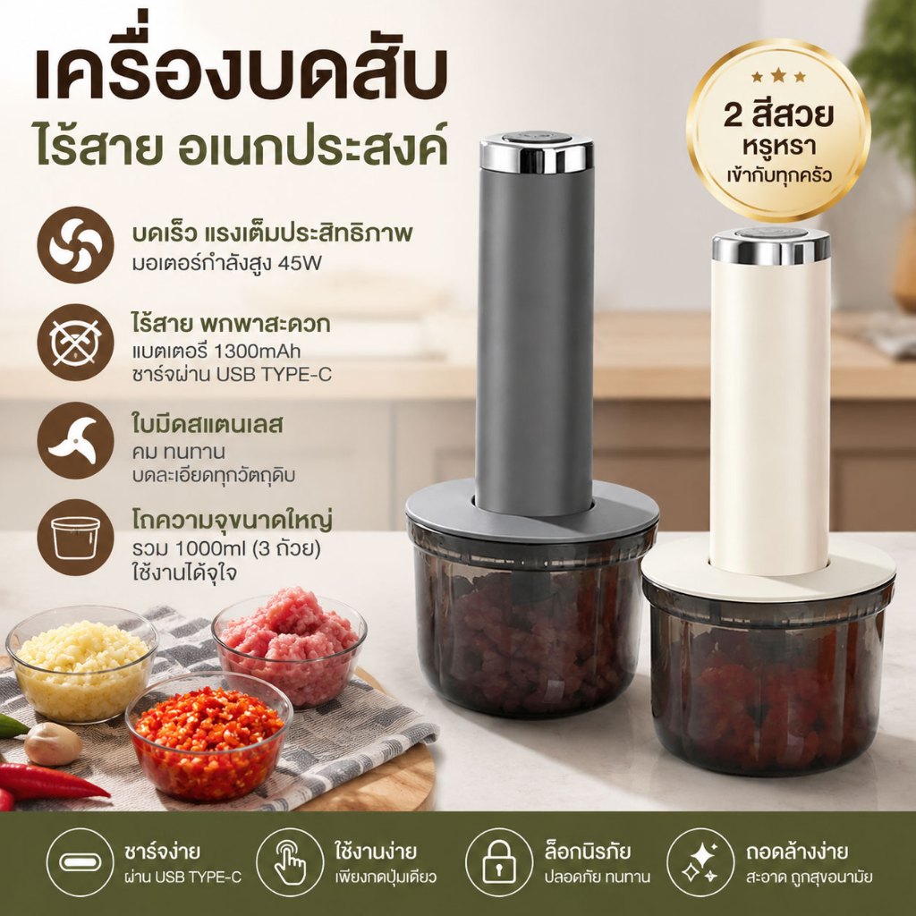 เครื่องบดพริก กระเทียม เนื้อ ไร้สาย 4 ถัง ไม่ปนกลิ่น 45W 18000rpm ชาร์จ Type-C สำหรับครัว