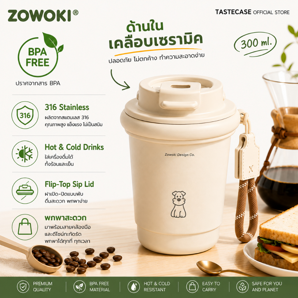 Zowoki Coffee Cup BH-8601 แก้วกาแฟรักษาอุณหภูมิ แก้วเก็บความเย็น-ร้อน เกรดพรีเมี่ยม ความจุ 300 ml.