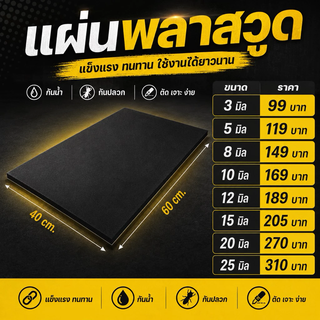 แผ่นพลาสวูด 3/5/8/10/12/15/20/25 มิล พ่นทำสีดำด้าน ขนาด 60x40 cm.