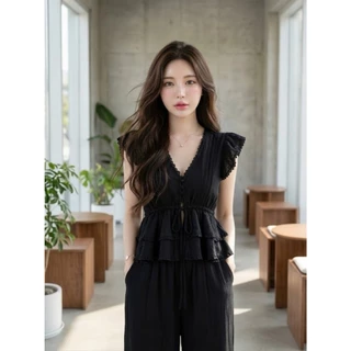 B712 | เซตเสื้อระบายผูกเอว + กางเกงขายาว ลุคหวานละมุน ใส่แล้วดูตัวเล็กสุดๆ