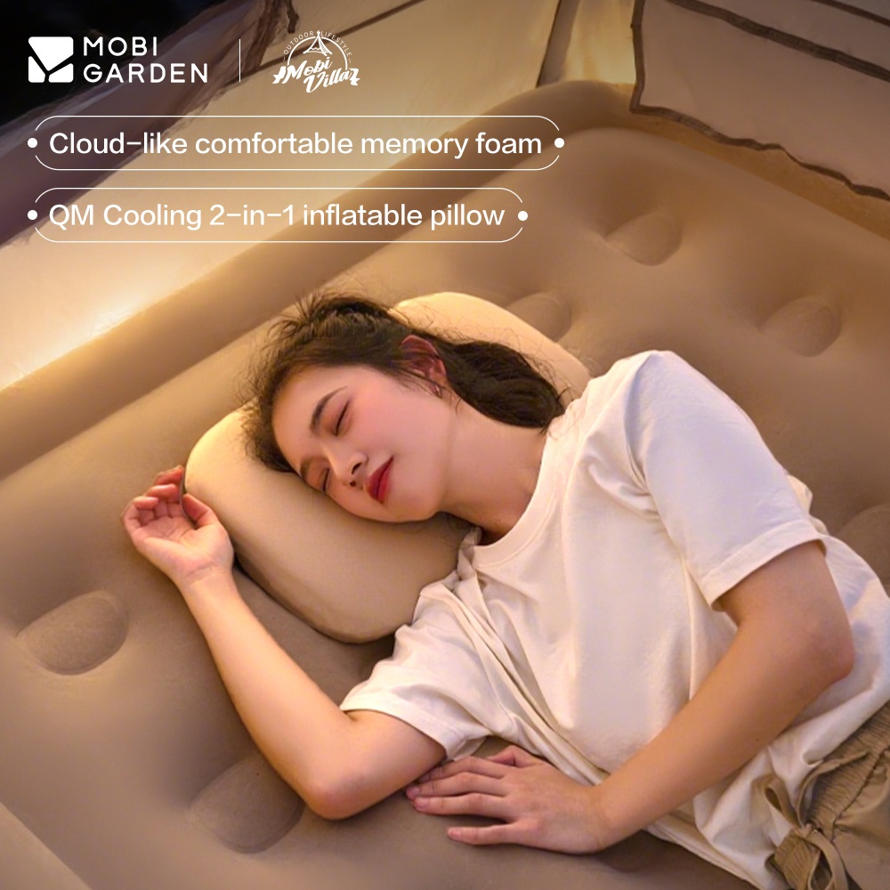 MOBI GARDEN หมอนลมสแปรงสำหรับแคมป์ปิ้งพร้อมปลอกหมอน โฟมเมมโมรี่ความยืดหยุ่นสูง พกพาสะดวก สบายสำหรับท่องเที่ยวและทำงาน