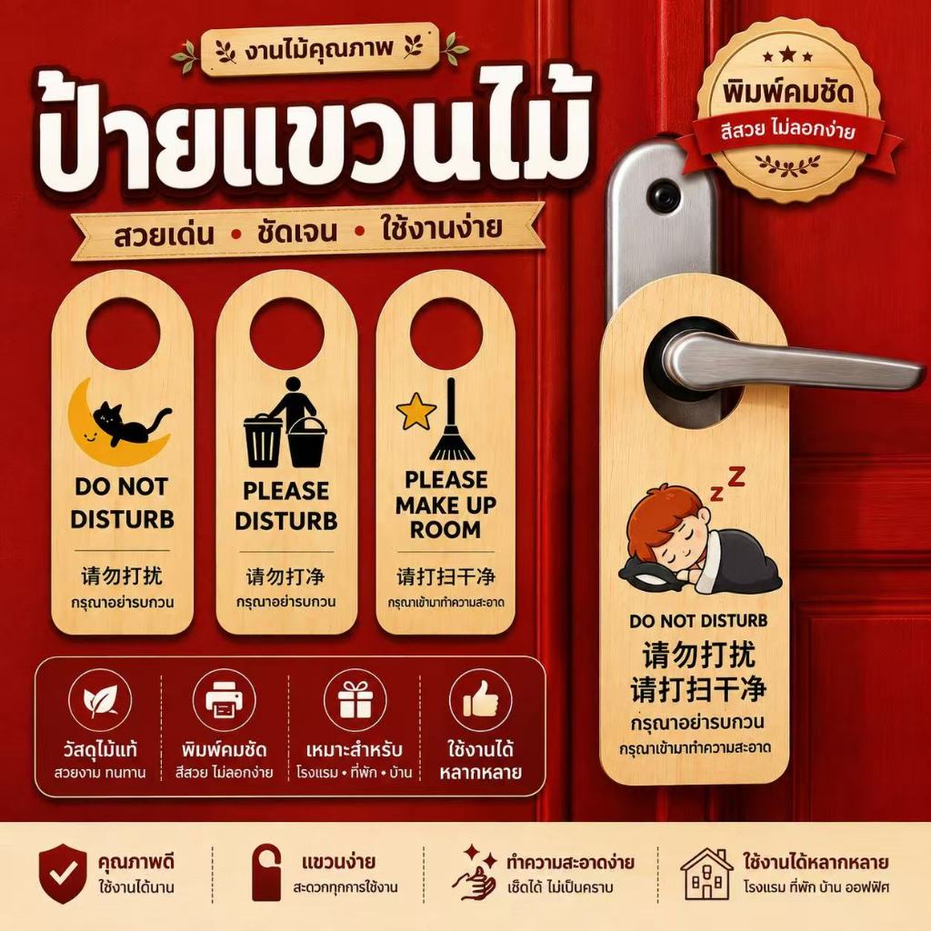 ป้ายไม้แขวนประตู ห้องนอน ห้องน้ำ ร้านค้า คาเฟ่ โรงแรม