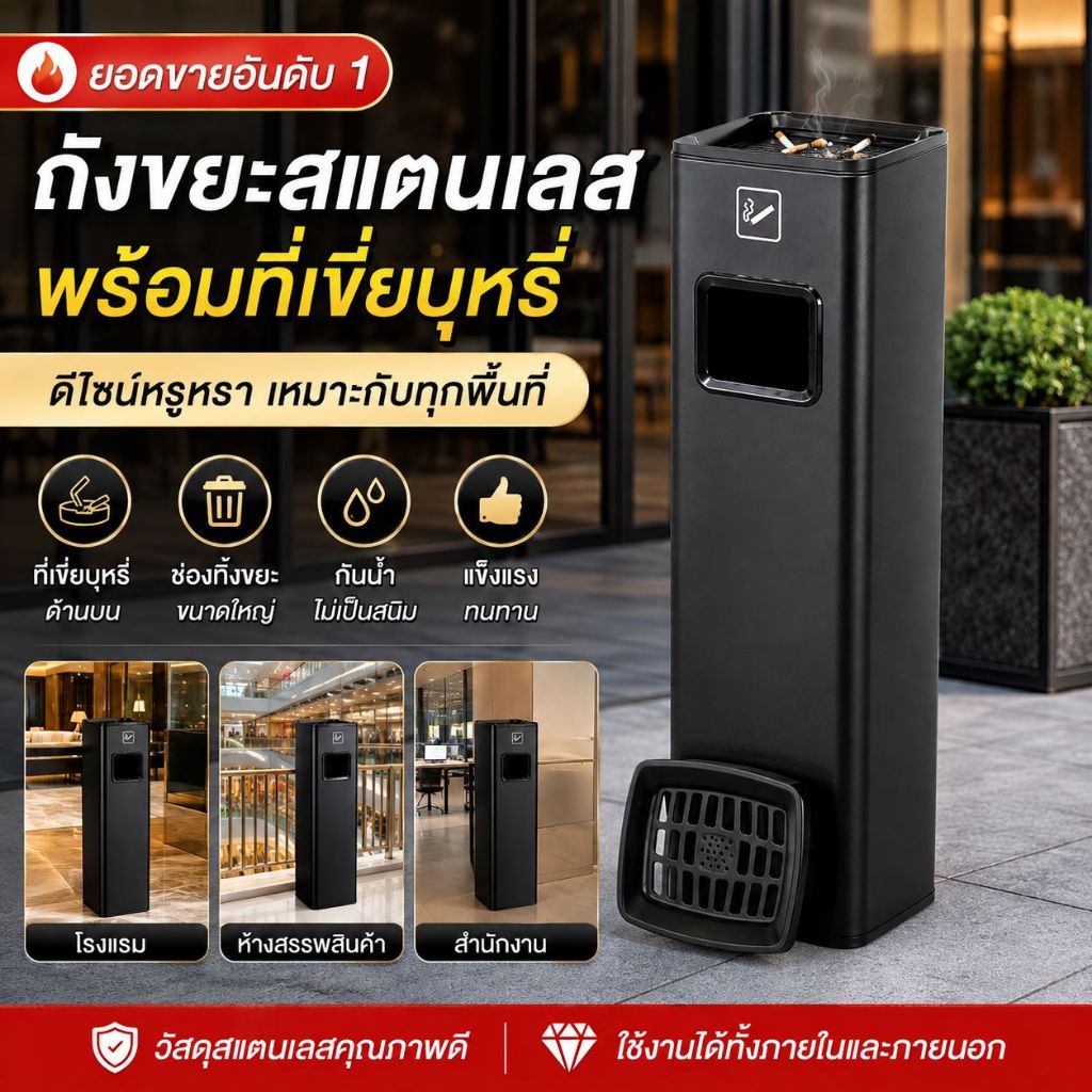 ถังขยะสแตนเลสพร้อมที่เขี่ยบุหรี่ ถังขยะทรงสูงสำหรับพื้นที่สูบบุหรี่ ที่เขี่ยบุหรี่กลางแจ้ง ถังขยะโรงแรม/ห้าง/สำนักงาน
