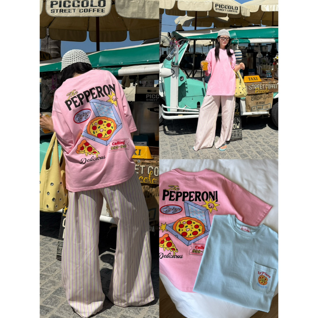 Pepperoni tees เสื้อยืดทรง oversize ดีเทลกระเป๋าหน้าสกรีนหน้าหลัง