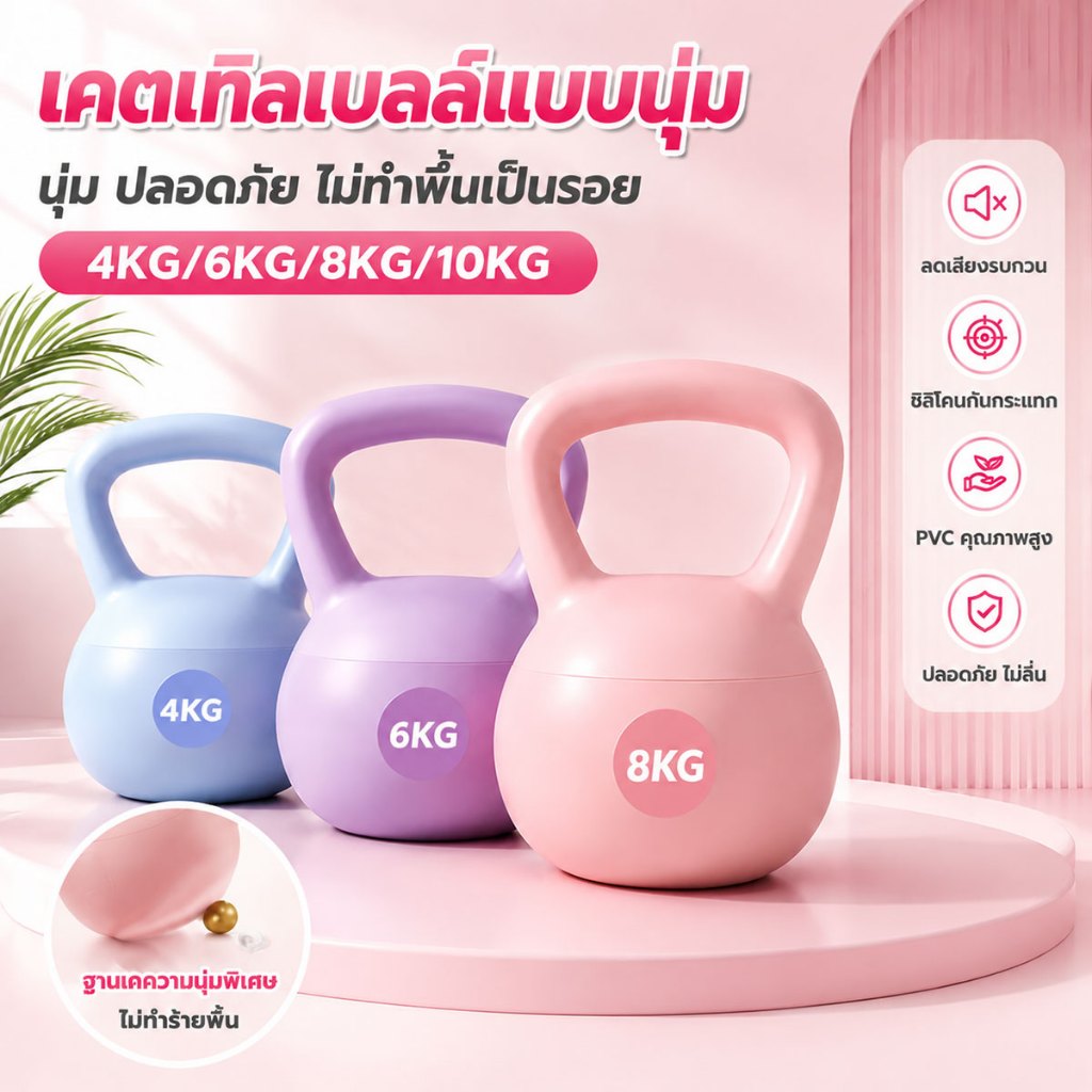 เคตเทิลเบล เคตเทิลเบลล์แบบนุ่ม Kettlebell 4/6/8/10kg วัสดุพีวีซีนุ่มยกน้ำหนักเคตเทิลเบล เวทเทรนนิ่ง การเผาผลาญไขมัน