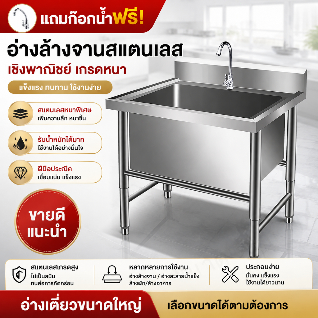 【แถมก๊อกน้ำฟรี】สแตนเลสเชิงพาณิชย์ อ่างล้างจานหนา ถังเดี่ยวขนาดใหญ่ อ่างล้างจาน อ่างละลายน้ำแข็ง