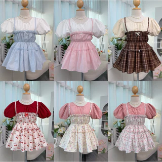 (อก 30-42) เสื้อเอี๊ยมทูโทนเป็นชิ้นติดกัน แขนพองบอลลูนน่ารัก สาวอวบใส่ได้อกถึง 42 นิ้ว