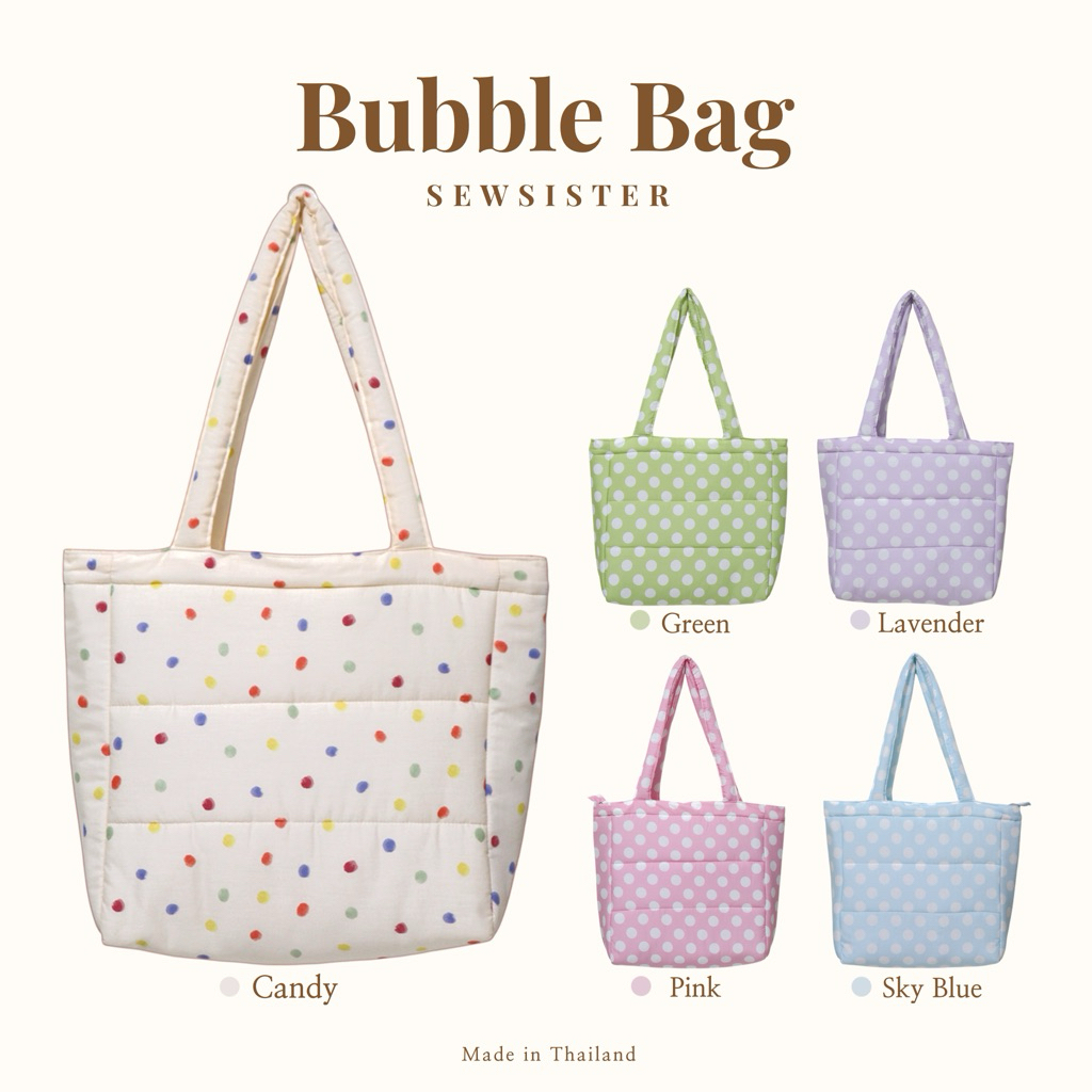 Bubble Bag กระเป๋าผ้าลายจุดใบใหญ่ ใส่A4ได้ บุใยนุ่มทั้งใบ ผลิตในไทย Made in Thailand