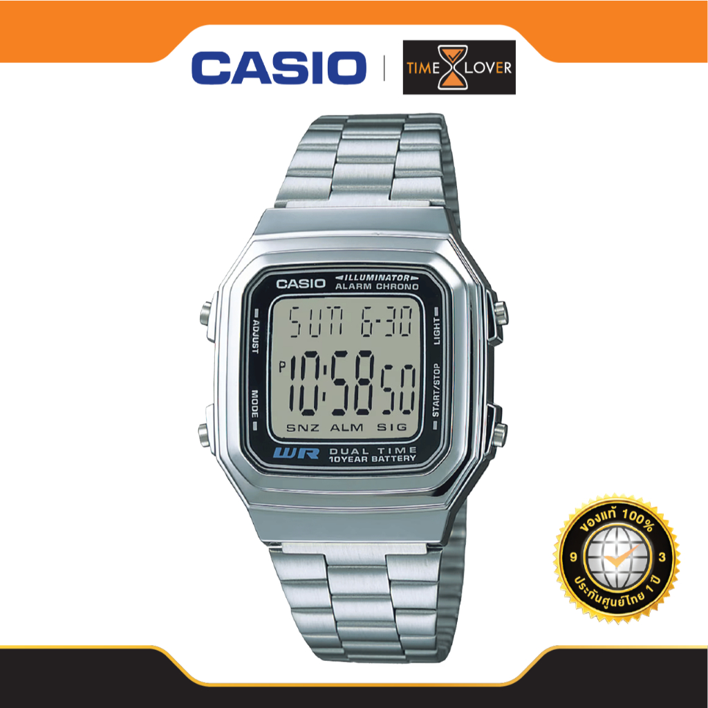 Casio รุ่น A158WA-1D ของแท้ ประกันศูนย์ ขนาด Unisex ไฟ LED จับเวลา 1/100 วินาที กันน้ำ สายเสตนเลส