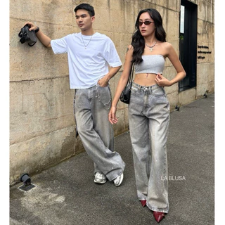 LABLUSA - LBS348 : กระบอกเทาวินเทจเปื้อนจุดสี เอวสูง ผ้าไม่ยืด UNISEX
