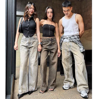 LABLUSA - LBS348 : กระบอกเทาวินเทจเปื้อนจุดสี เอวสูง ผ้าไม่ยืด UNISEX