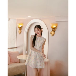 New Color LABELLE รุ่น Peachy Dress เดรสสั้น ชมพูพาสเทล ผ้าพิมพ์ลายปัก