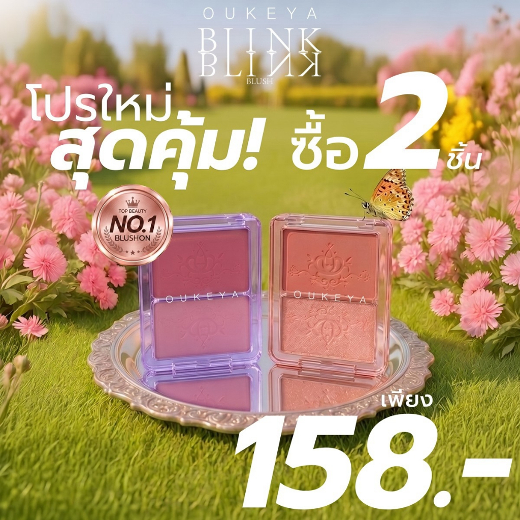 (ซื้อ 1 แถม 1) OUKEYA BLINK BLINK BLUSH โอกิยะ บลิงค์ บลิงค์ บลัช บลัชออน 2 ช่อง พร้อมชิมเมอร์