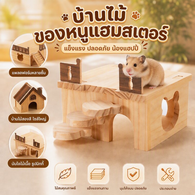 บ้านไม้แฮมสเตอร์ ของเล่นบ้านหนูสัตว์เล็ก บ้านนอนบ้านอาคารไม้สน ปลอดภัย แข็งแรง ทนทาน