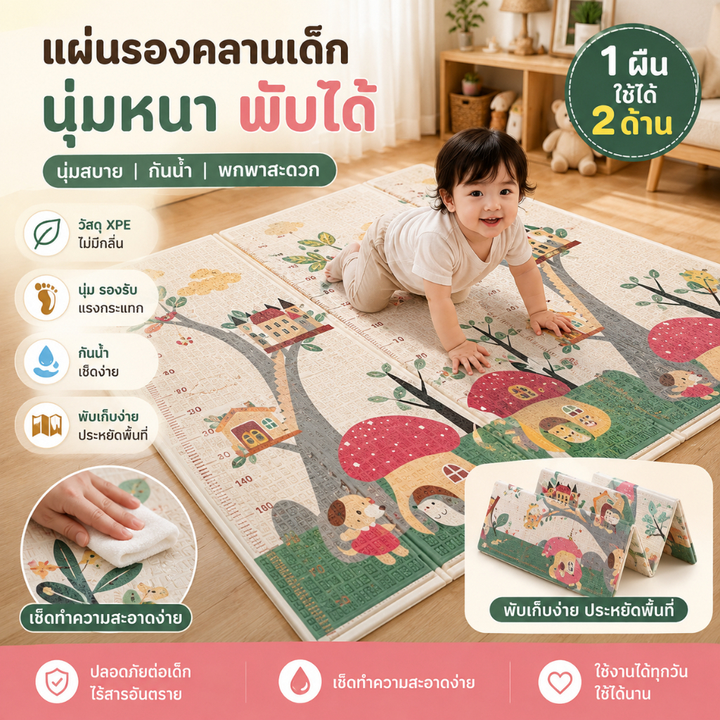 เบาะรองคลานเด็ก XPE พับเก็บได้ ใช้ได้ทั้ง 2 ด้าน หนา 0.8/1.5 ซม. พื้นผิวลายนูน กันน้ำ เหมาะสำหรับใช้ในบ้าน