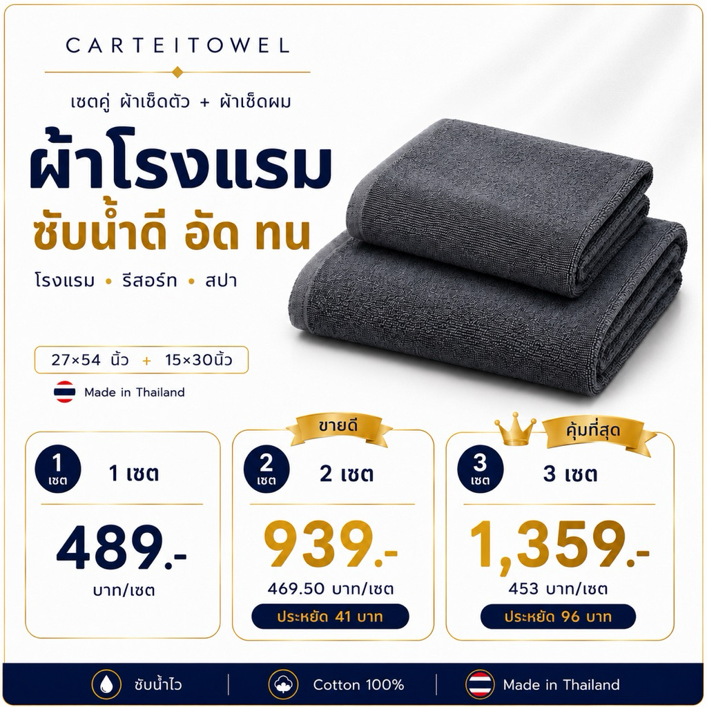 ผ้าขนหนู ผ้าเช็ดตัวโรงเเรม หนานุ่ม ซับน้ำ แห้งไว cotton งานไทย (เช็ดตัว + เช็ดผม) แพคคู่2ผืน