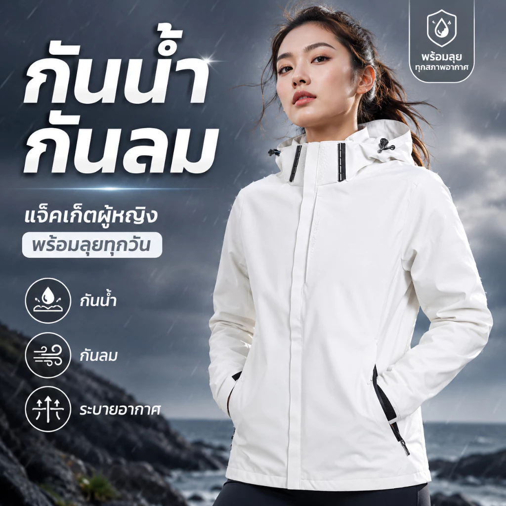 เสื้อแจ็คเก็ตกันลม กันน้ำ ผู้หญิง สีขาว น้ำหนักเบา กันฝน ใส่สบาย Outdoor เดินทาง ขี่มอเตอร์ไซค์ แฟชั่นเกาหลี