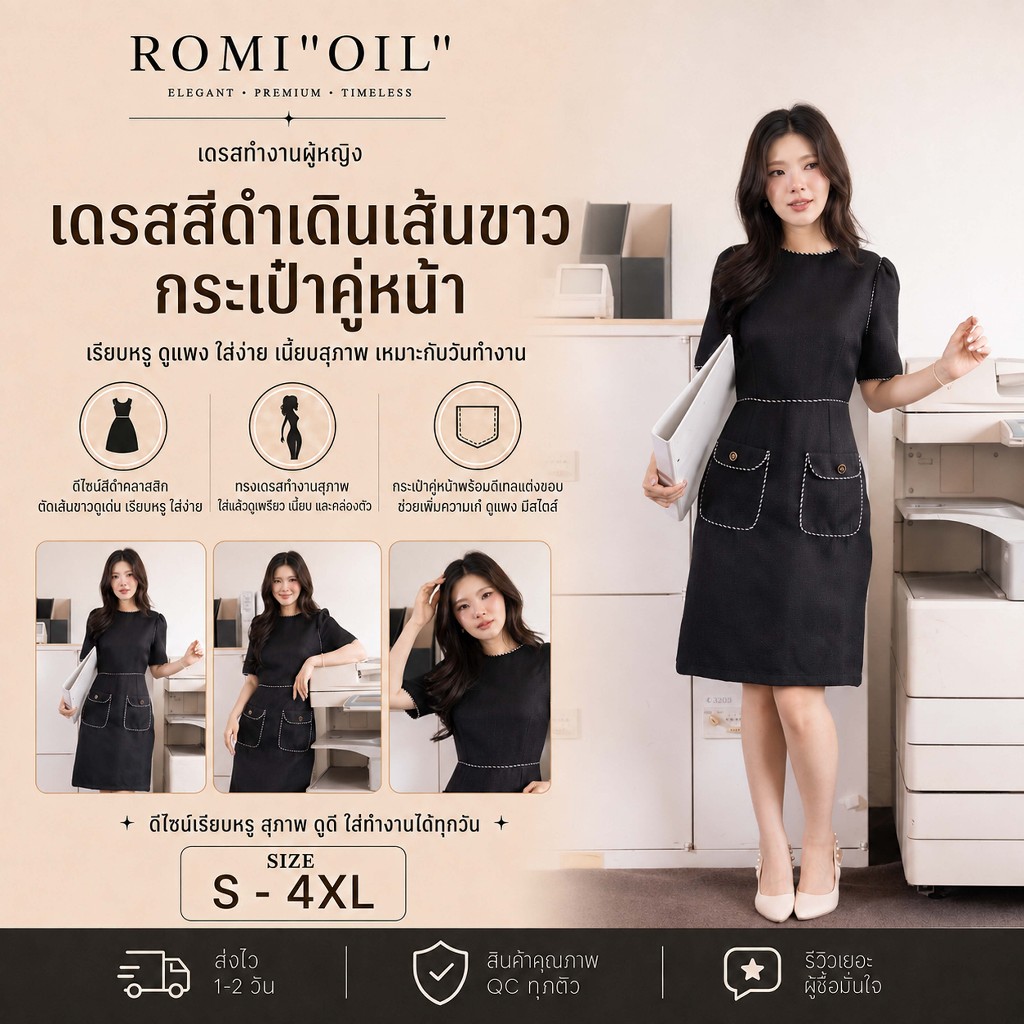 "Romi"Oil" K407 ชุดเดรสสีดำ (ผ้าทวีตแต่งขอบมีกระเป๋า) *รุ่นนี้แนะนำตรวจสอบSizeและเผื่อ1Size*