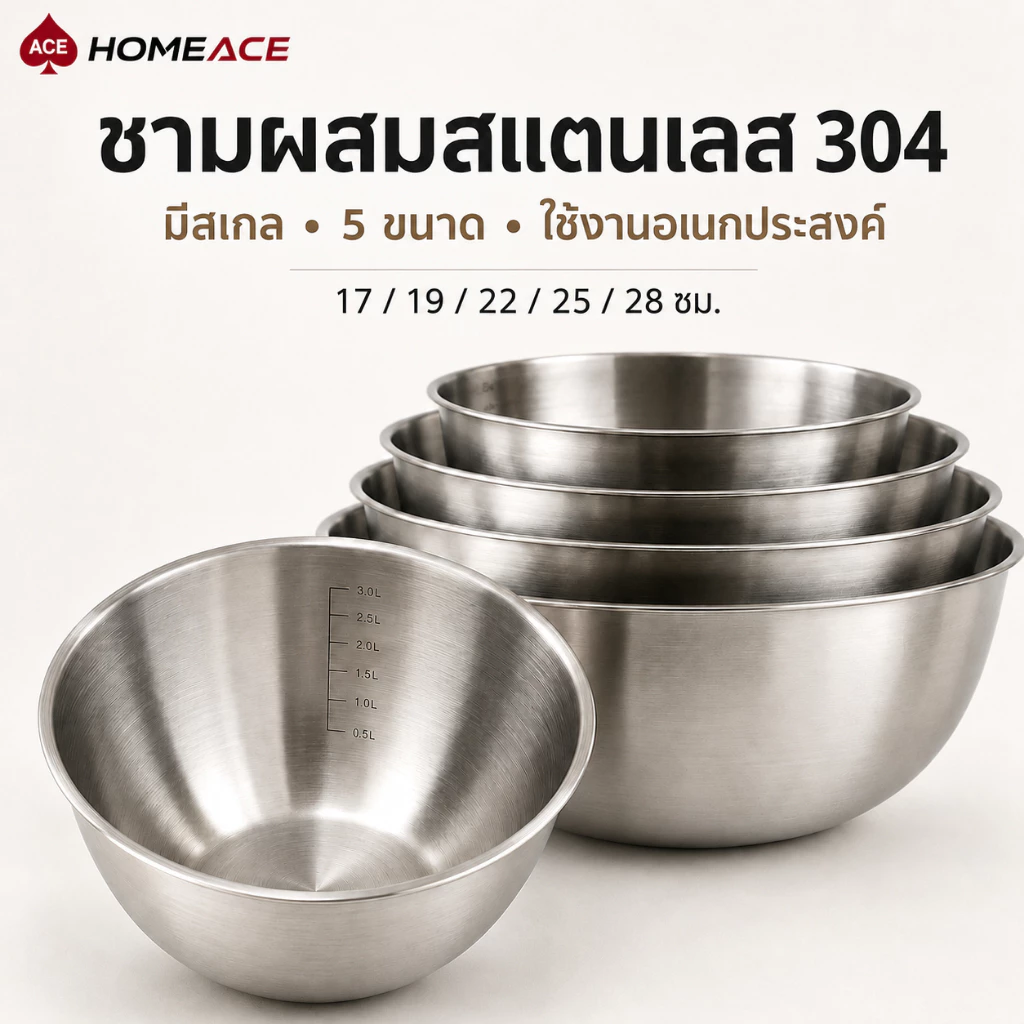 HOME ACE ชามผสมสแตนเลส 304 มีสเกล 5 ขนาด 17-28 ซม. ชามผสมแป้ง ตีไข่ ล้างผัก ทำสลัด กะละมังครัว