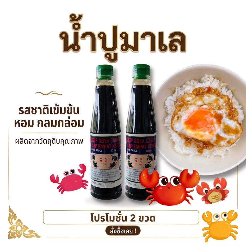 set 2 ขวด น้ำปู มาเลย์ ซอสปรุงรสฝาเขียวปู 4 ตัว 300 ml รสชาติกลมกล่อม