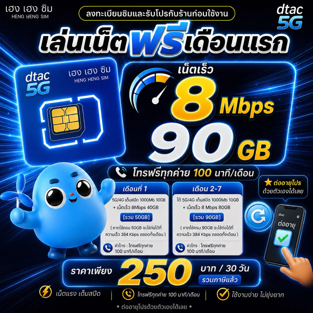 (ใช้ฟรีเดือนแรก) ซิมเทพดีแทค DTAC เล่นเน็ตไม่อั้น ไม่ลดสปีด 8Mbps,10Mbps,15Mbps,20Mbps,1000Mbps + โทรฟรีทุกค่าย 24ชม.