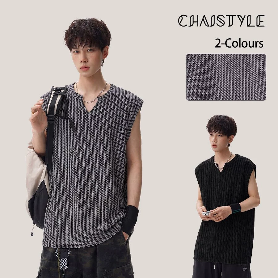 Chaistyle เสื้อยืดผู้ชาย สไตล์เกาหลี ฤดูร้อน เสื้อยืดแขนกุด คอวี ลายก้างปลา ผ้าระบายอากาศ สวมใส่สบาย แฟชั่นฮิต ลำลอง