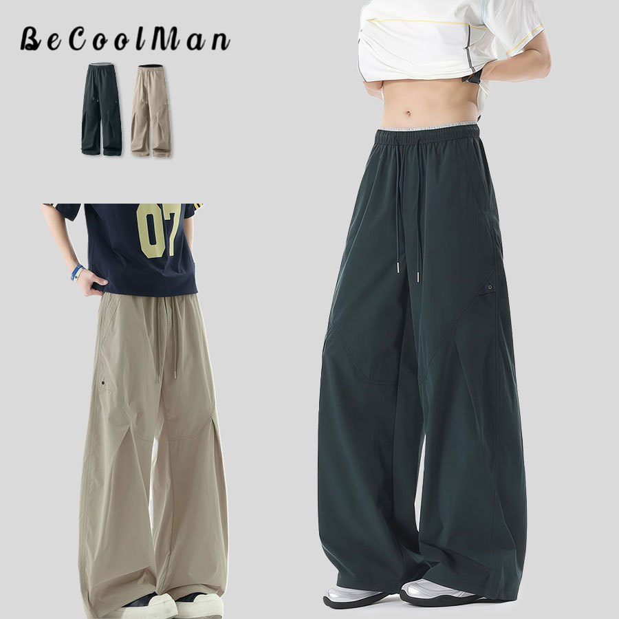 BecoolMan กางเกงขายาวผู้ชาย ทรงตรงทรงหลวม กางเกงสแล็ค ขากว้าง การออกแบบพับผ้าไหมน้ำแข็งแบบบาง เหมาะสำหรับการเล่นกีฬา