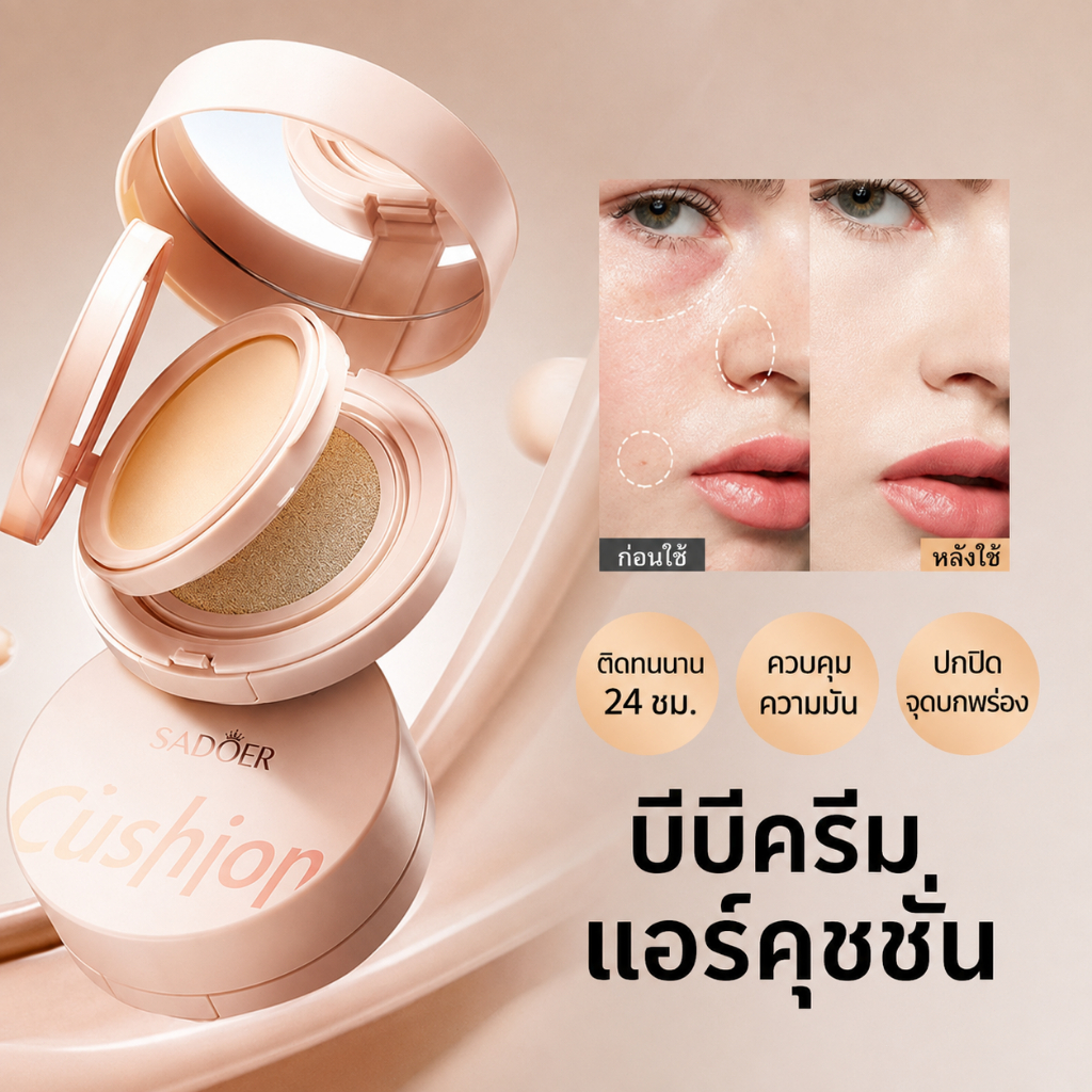 🔥สินค้าขายดี🔥 SADOER คุชชั่น BB Cream 2in1 แป้งคุชชั่น+รองพื้น เนื้อบางเบา ปกปิดเรียบเนียน ผิวดูโกลว