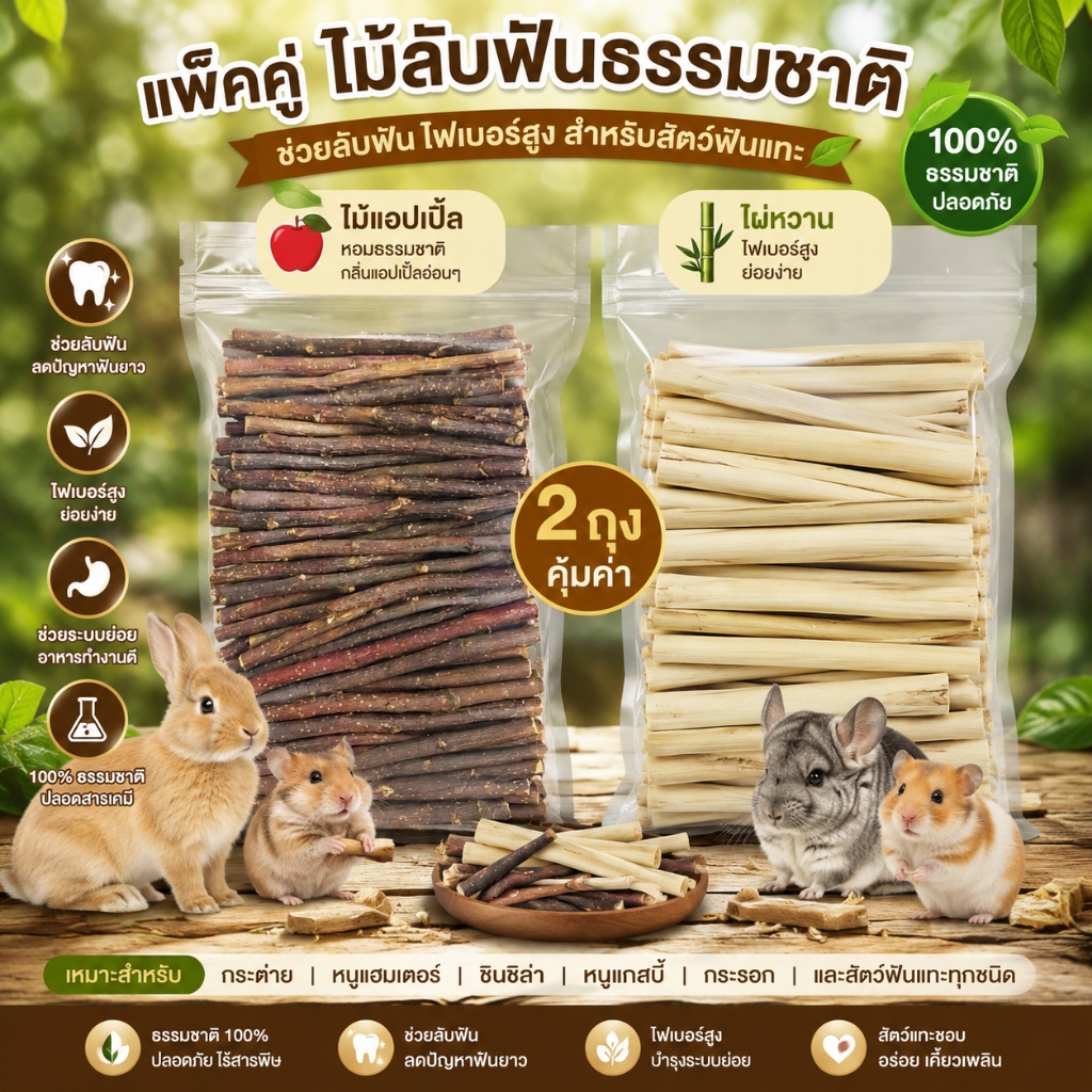 แพ็คคู่ ไม้ลับฟันธรรมชาติ ไผ่หวาน ไม้แอปเปิ้ล สำหรับกระต่าย หนูแฮมเตอร์ ชินชิล่า ช่วยลับฟัน ไฟเบอร์สูง สำหรับสัตว์ฟันแทะ