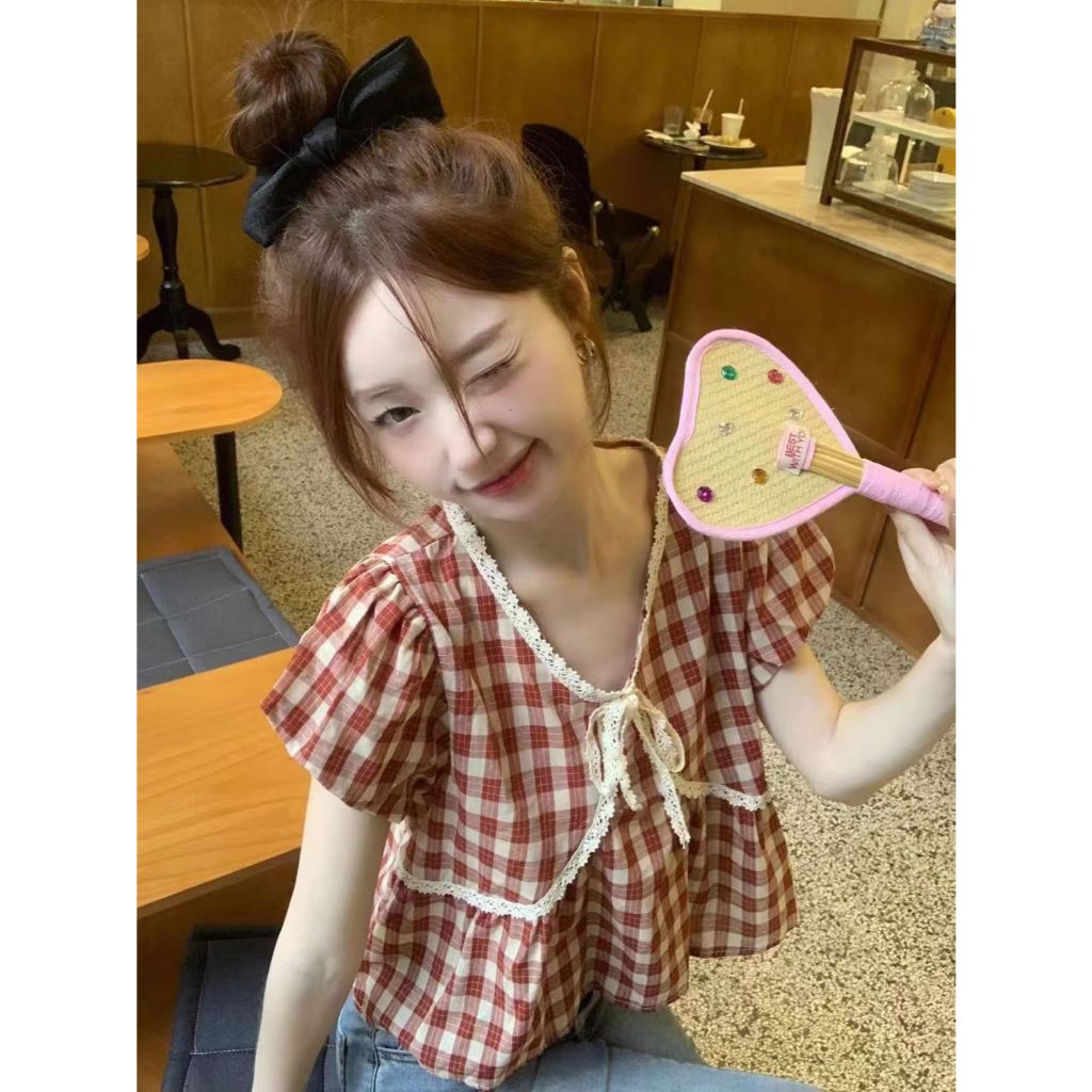 LUNA~เวอร์ชั่นเกาหลี ตาหมากรุก ขอบลูกไม้ แขนสั้น เสื้อเชิ้ต สไตล์ใหม่ สไตล์หวาน