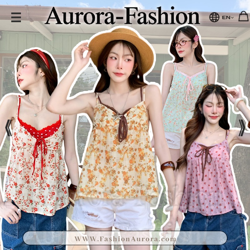 Aurora พร้อมส่ง (รูปถ่ายจากงานจริง) เสื้อสายเดี่ยวลายดอกคอวี โบผูก สีสันสดใส พับร่องบริเวณหน้าอก เหมาะกับฤดูร้อน