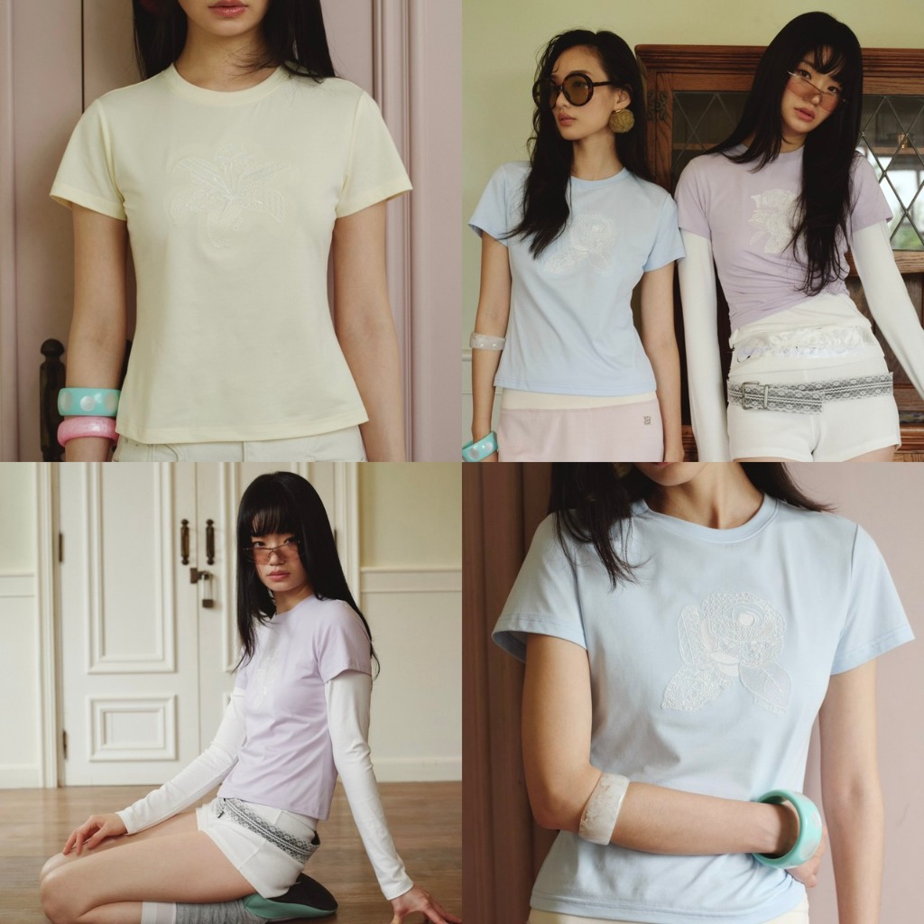 CHUUCHOP | S-6XL | Calla Tee เสื้อเบบี้ทีผู้หญิง เสื้อยืดแขนสั้นเบสิก ปักลายดอกไม้ Baby Tee (C8620)