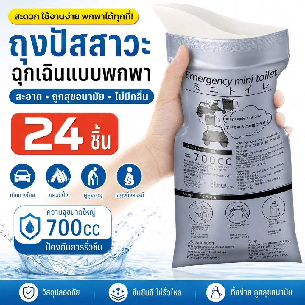รุ่นใหญ่ ถุงฉี่พกพา700 ซีซี ห้องน้ำเคลื่อนที่ ถุงฉี่ฉุกเฉิน แบบเจล ถุงเจลปัสสาวะ เก็บกลิ่น ใช้บนรถ แคมป์ปิ้ง