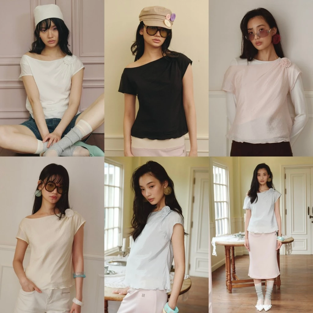 CHUUCHOP - (S-6XL) Icy Blouse เสื้อเบลาส์ผู้หญิง แขนสั้น เสื้อปาดไหล่ แต่งดอกไม้ (C8622)