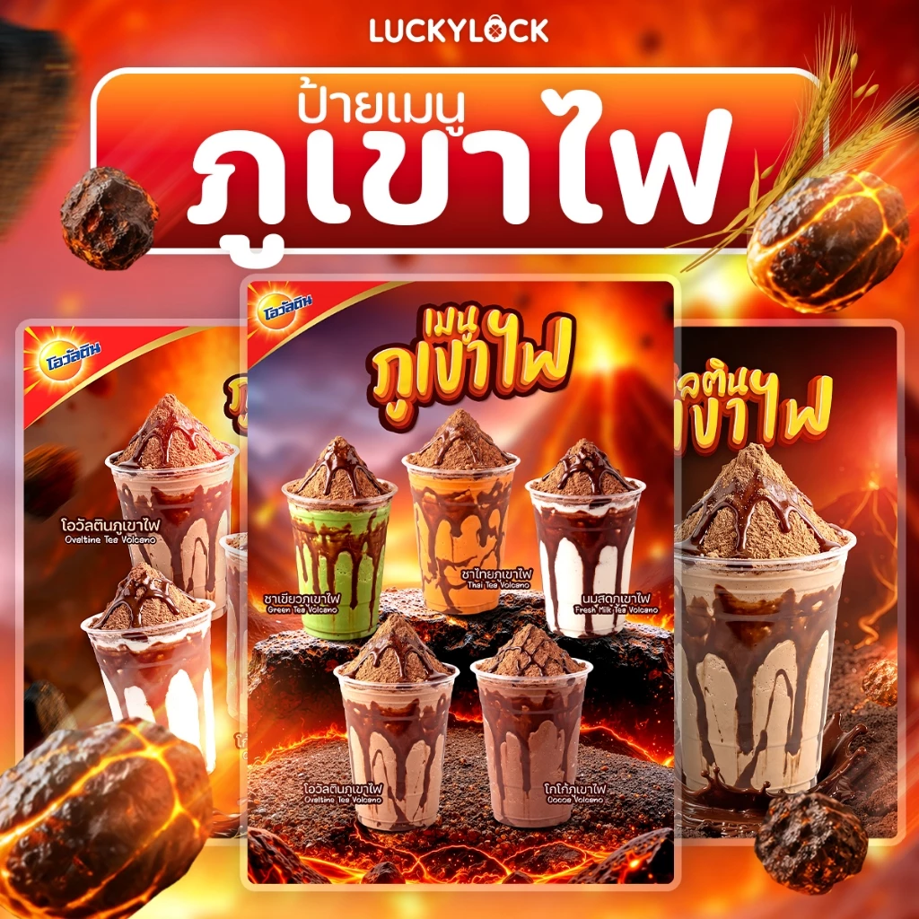 ป้ายเมนูโอวัลตินภูเขาไฟ ป้ายโปสเตอร์ ร้านค้าและคาเฟ่ แบบเคลือบแข็งพร้อมใช้งาน