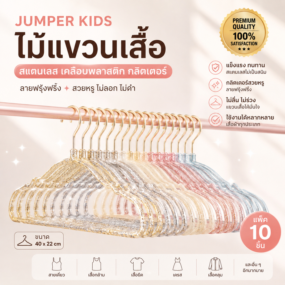 Jumper ไม้แขวนเสื้อสแตนเลส เคลือบพลาสติก กลิตเตอร์ ลายฟรุ้งฟริ้ง มีลายในพลาสติก ขนาด 40*22 cm แพ็ค10