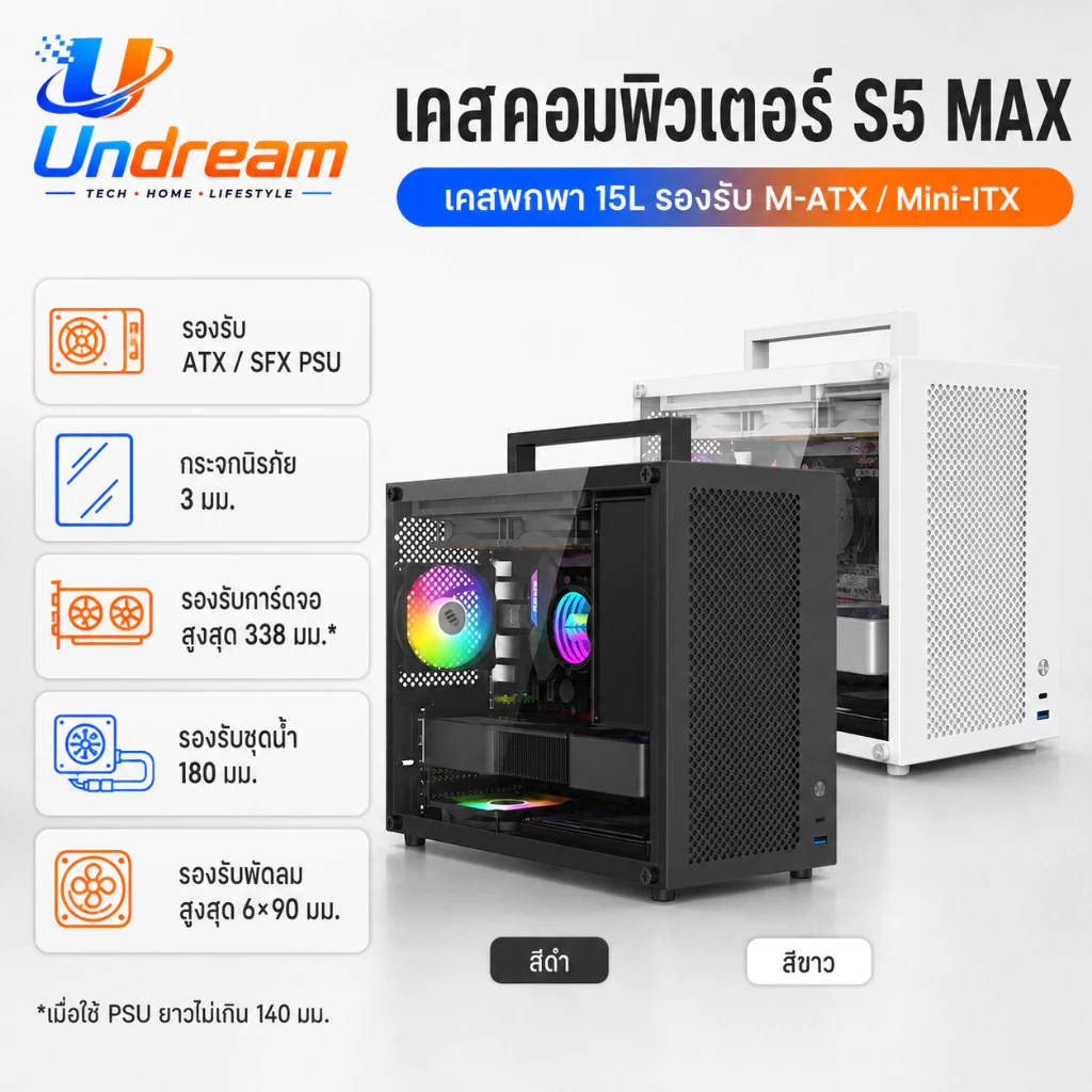เคสคอมพิวเตอร์ S5 MAX 15L Mini Gaming Case M-ATX ITX กระจก Tempered Glass มีหูหิ้ว รองรับ PSU ATX/SFX สีดำ สีขาว