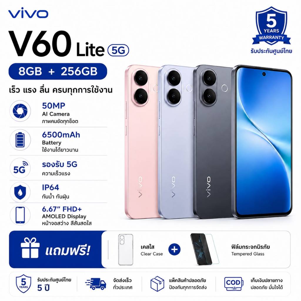 vivo V60 Lite 5G 8GB+256GB | แบต 6500mAh | กล้อง AI 50MP | ชาร์จไว | เครื่องใหม่แท้