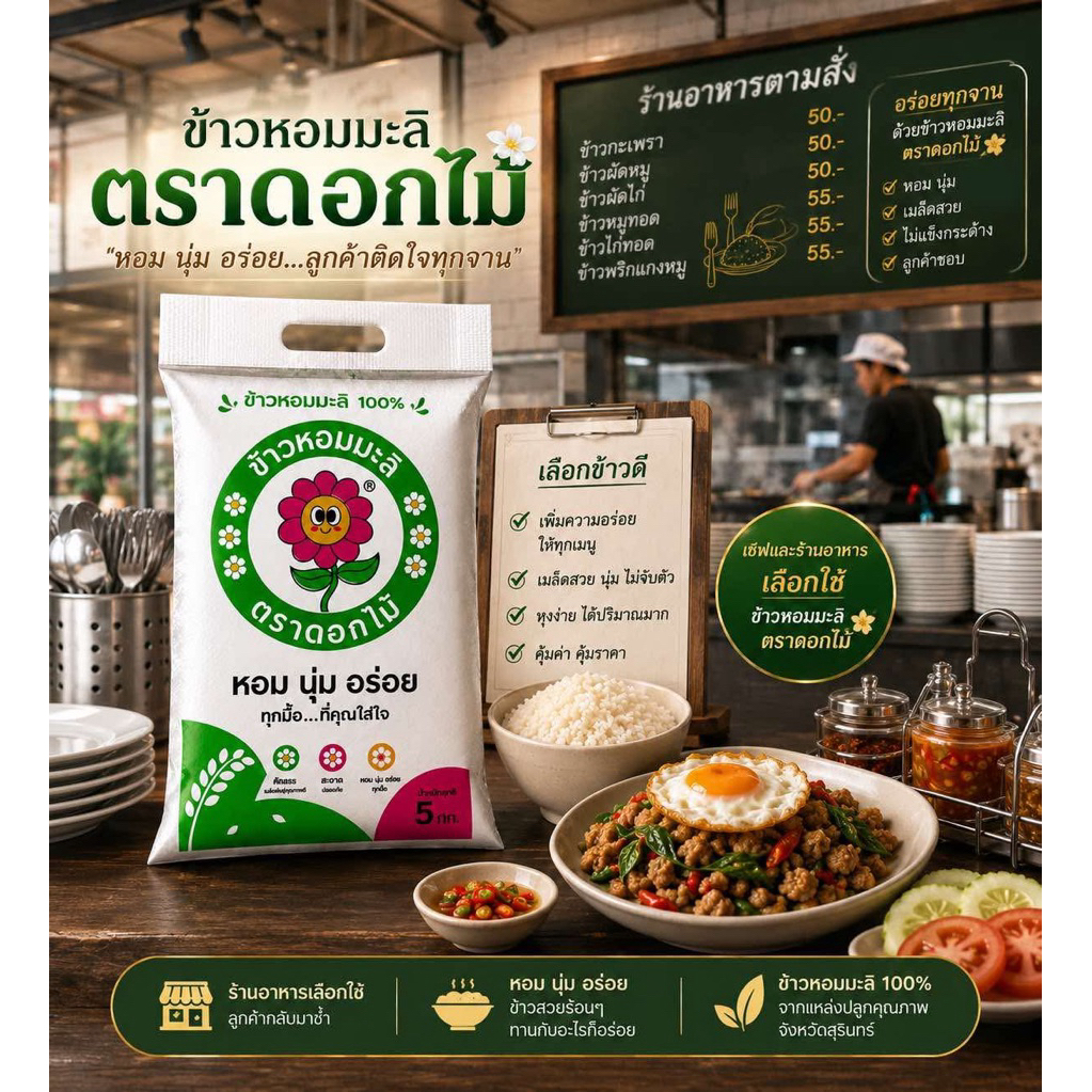 ข้าวหอมมะลิสุรินทร์ท่อน ซาห้อ ยีจ้อ ตราดอกไม้ พันธุ์กข15 จากโรงสีชุมชน ขนาด 4กิโลกรัม