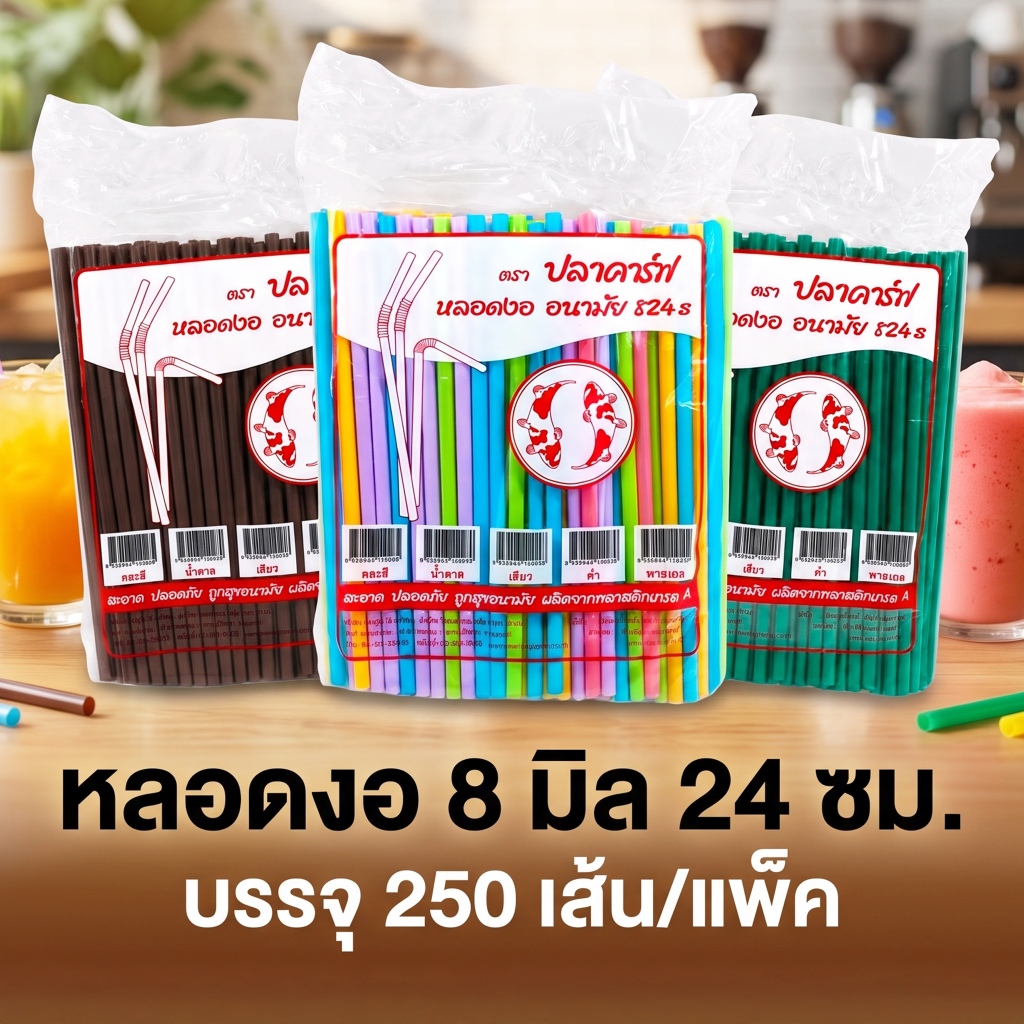 หลอดงอ 8 มิล (แพ็คละ 250 เส้น) ตราปลาคราฟ ไม่หุ้มฟิล์ม ดูดน้ำ หลอดพลาสติก หลอดอนามัย หลายสี